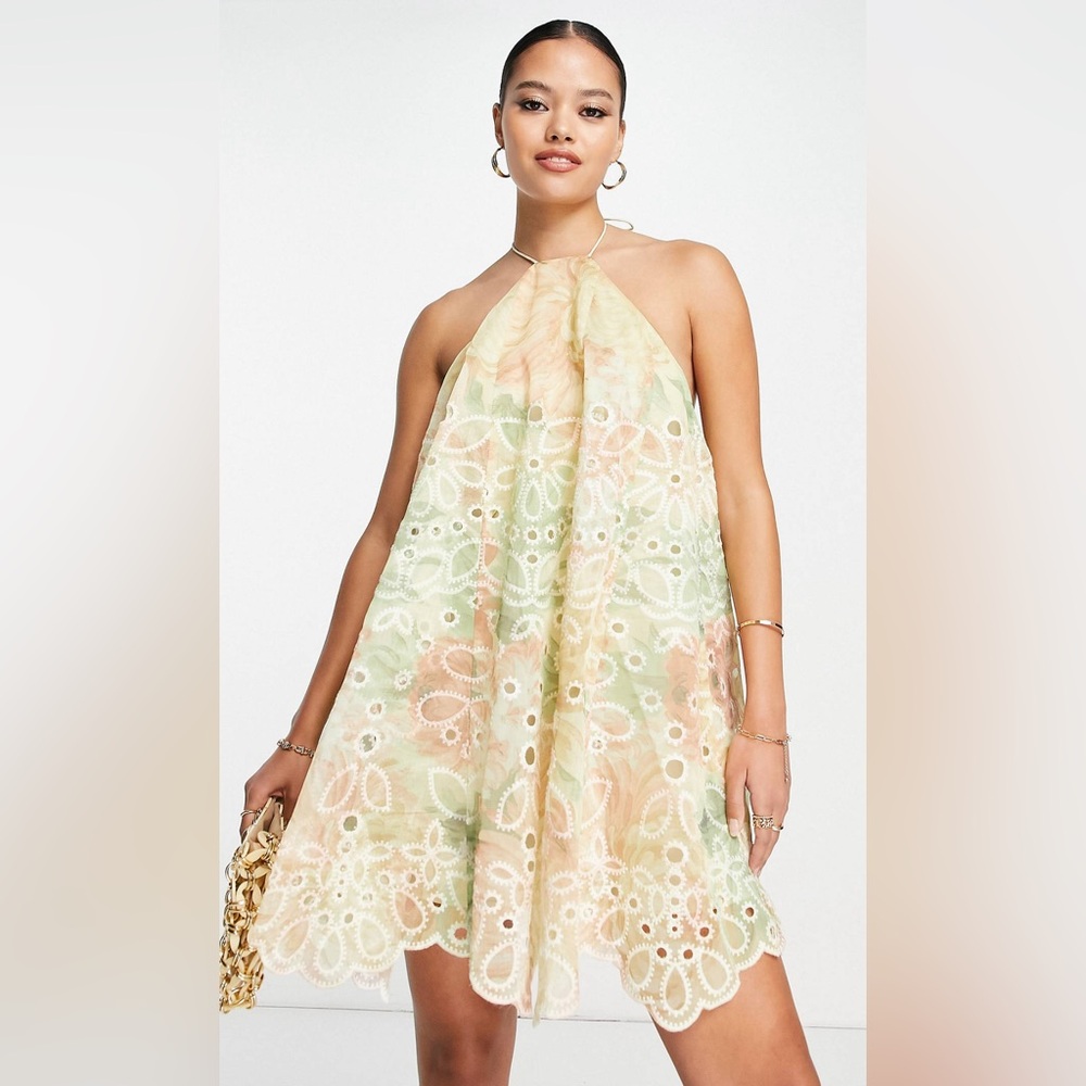 ASOS Design Halter Floral Eyelet Mini Dress